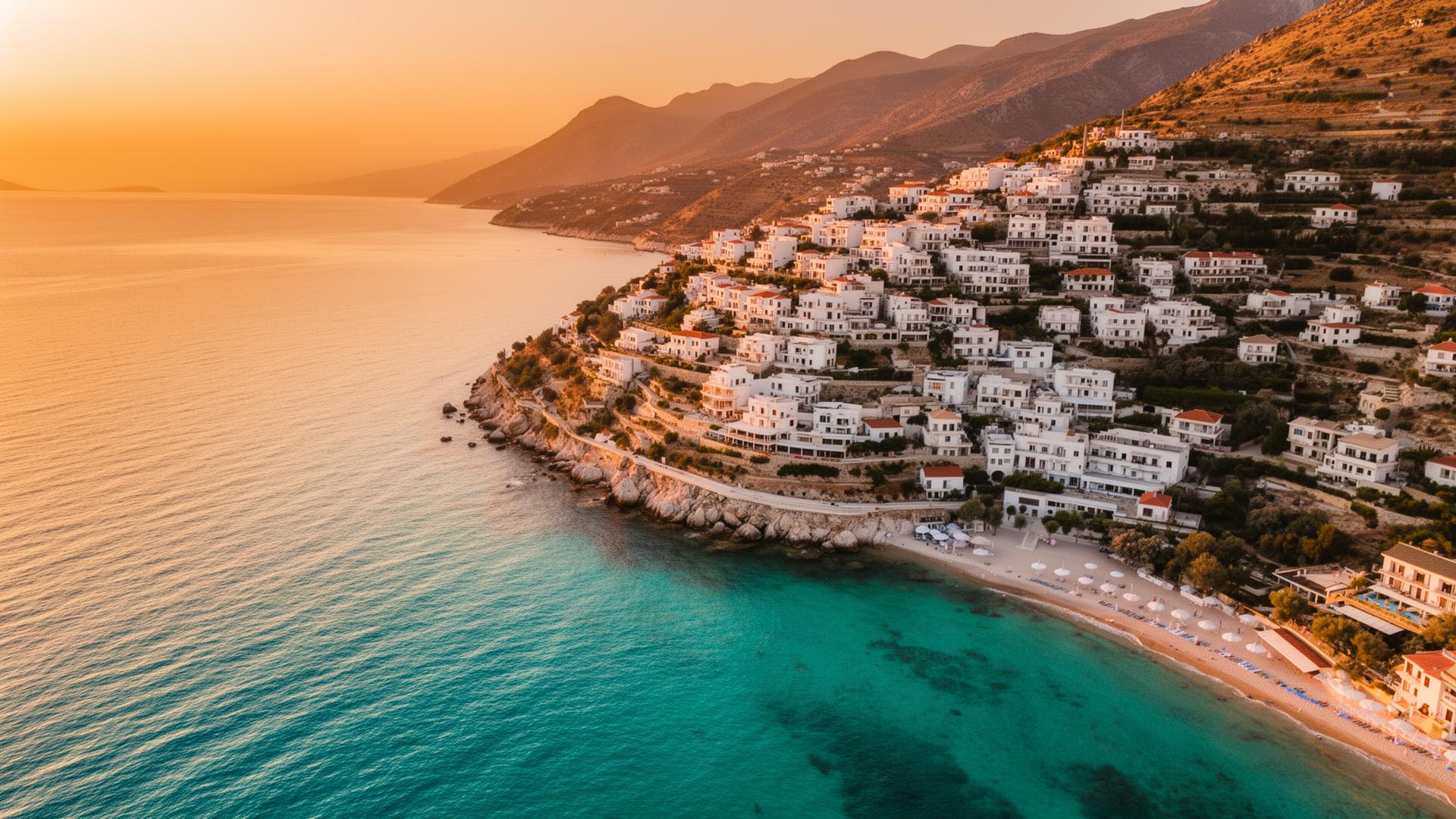 Aerial view of Saranda Albanian Riviera at sunset